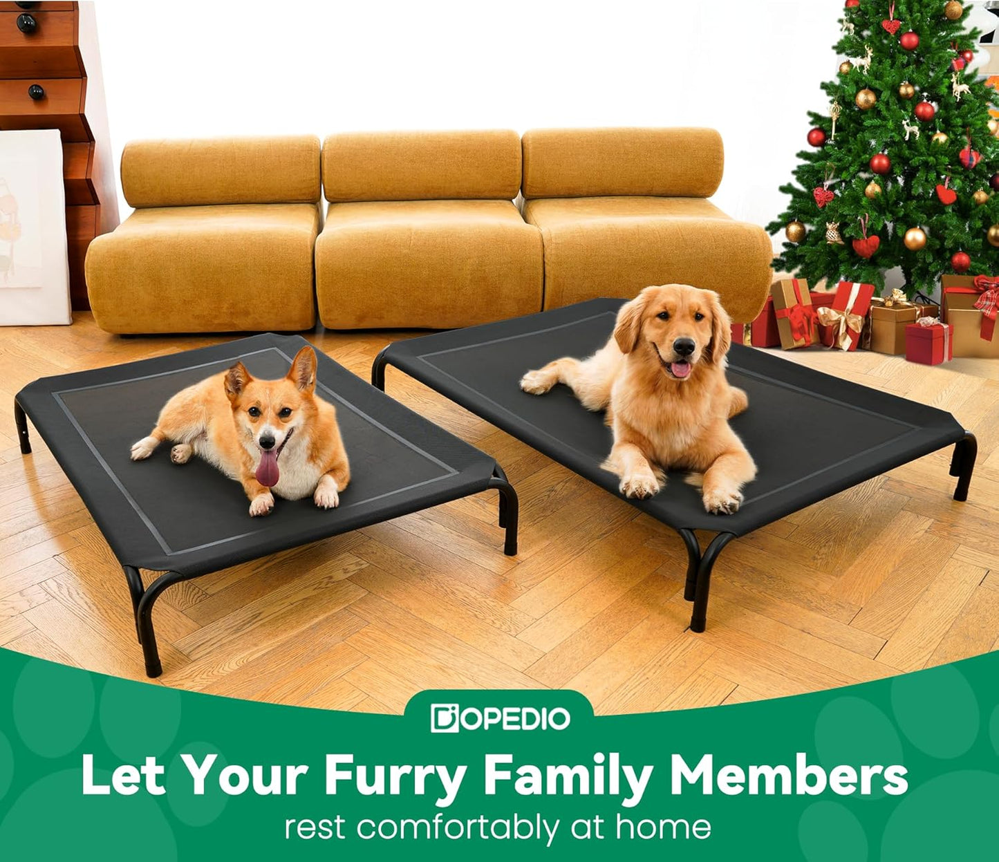 Elevated Dog Bed Raised Outdoor Dog Cot for Large Dogs, Installation Requires No Tools, Frame with Washable Cooling Breathable Mesh Anti-Slip Feet, Indoor Pet Bed, Black, 43.3 Inches - Pet Explorer