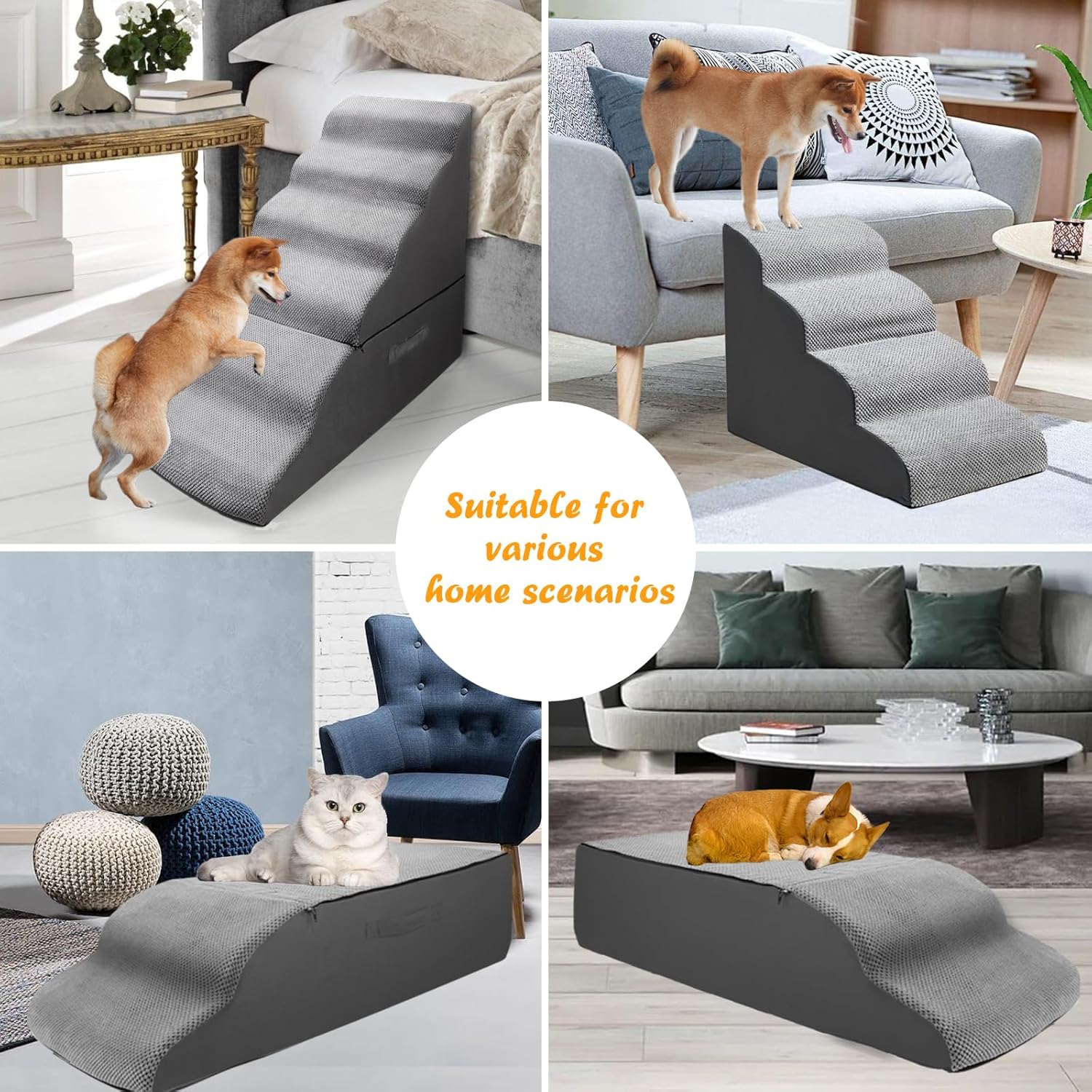 Dog Stairs&Steps for 30 Inches Tall High Bed, Pet Dog Ramp Ladder for Small Medium Dogs, Doggie, Old Cats, Kitty, Small Animals(Grey, Up to 30-36 Inch Tall Bed) - Pet Explorer