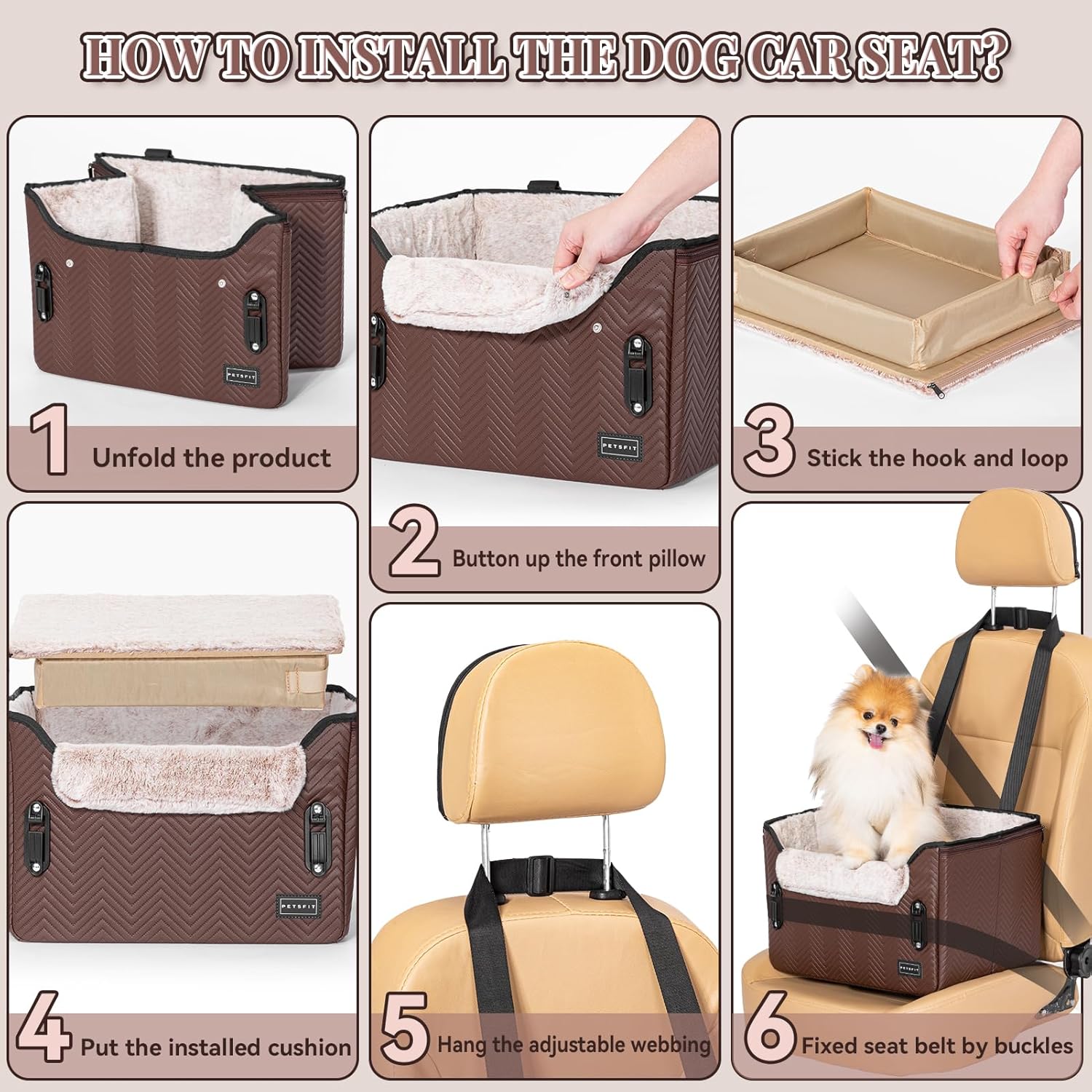 PETSFIT Car Seat for Dogs, Waterproof PU Leather Dog Car Seat for Small Dogs with Patent Safe Buckles, Clip-On Leash, Pet Travel Carrier Bed for Small Pets Up to 25lbs (Brown) - Pet Explorer