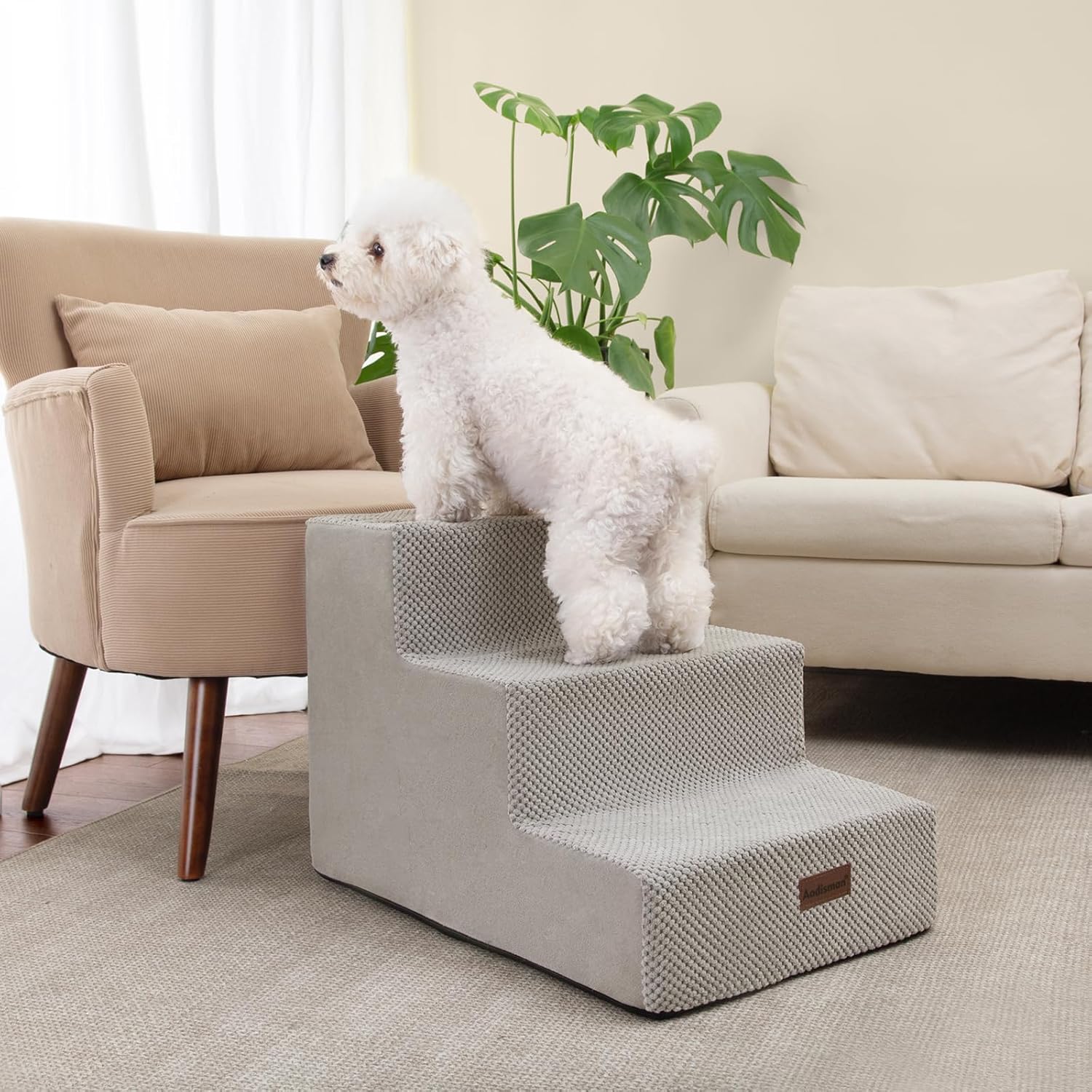 Dog Stairs for Small Dogs & Cats, 3-Step Extra Wide Non-Slip Pet Steps for Couch Sofa and Chair, Light Grey, 15.7" H - Pet Explorer