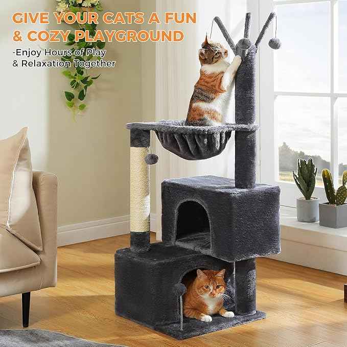 Cat Tree 45" for Indoor Cats, Compact Cat Tower with 2 Condos, Hammock Bed & 5 Hanging Ball Toys, Space-Saving Sturdy Cat Condo Furniture for Kittens & Small-Medium Cats
