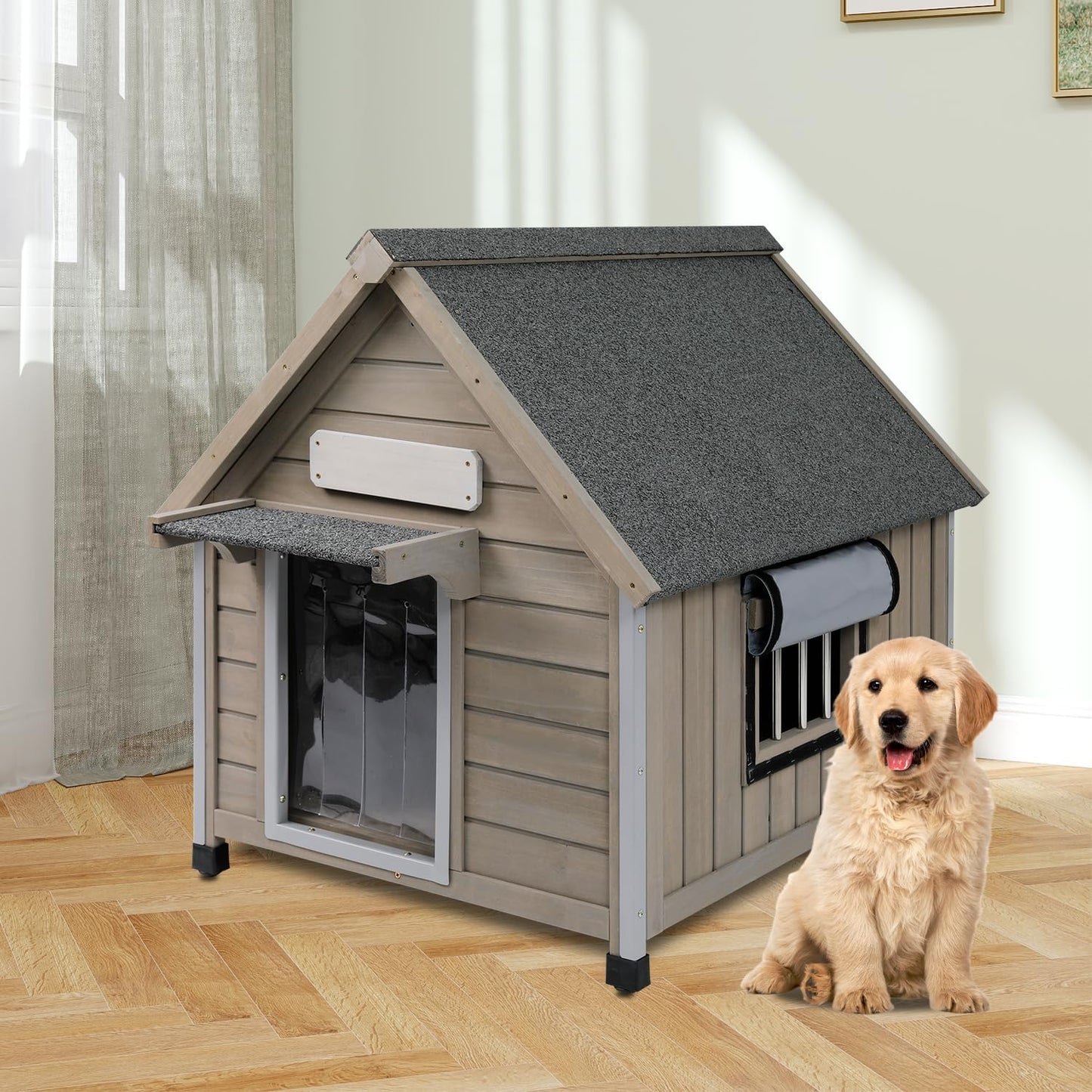 Outdoor Dog House Weatherproof Large Wooden Dog Kennel Indoor for Small Dogs with Chew-Proof Frame, Oxford Fabric Window, Removable Floor Pet Shelter (Grey, 26" D x 31.9" W x 32" H) - Pet Explorer