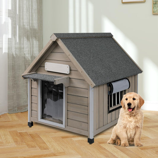 Outdoor Dog House Weatherproof Large Wooden Dog Kennel Indoor for Small Dogs with Chew-Proof Frame, Oxford Fabric Window, Removable Floor Pet Shelter (Grey, 26" D x 31.9" W x 32" H) - Pet Explorer