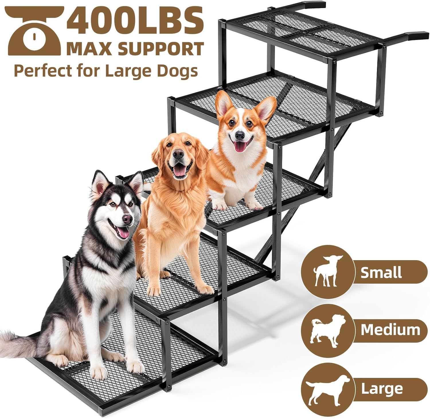 Dog Stairs for Large Dogs, Linvivon Extra Wide 20" Dog Steps with Non-Slip Surface and Reflective Strips, Outdoor Foldable Dog Ramp for Stairs, Car, Truck and SUV, Supports Up to 400LBS, 5 Steps - Pet Explorer