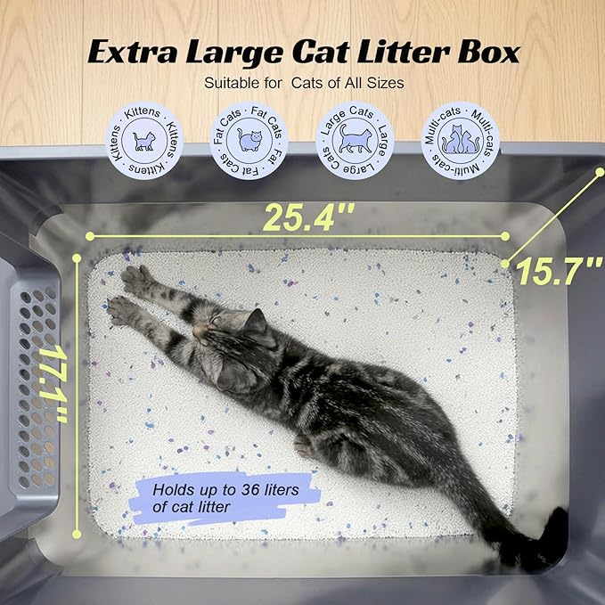 Stainless Steel Enclosed Cat Litter Box with Lid, Extra Large Kitty Litter Box with Drawer, Front & Top Entry Metal Cat Box for Big Cats, Odor Control, Easy to Clean, Grey