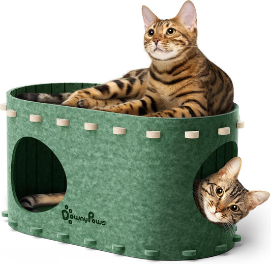 DownyPaws Cat House for Indoor Cats, Cat Bed Cave for Multiple & Large Cats Up to 22 Lbs, Scratch Resistant Peekaboo Cat Caves, Foldable Tunnel Enclosed Bed, PeekaPurr, Forest - Pet Explorer