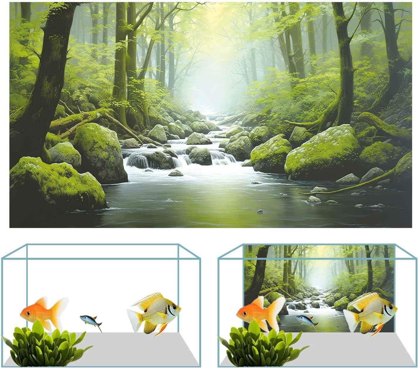 48X18IN Tropical Forest Terrarium Background, Natural Green Forest Tree Reptile Habitat Background, Misty Rainforest Aquarium Background, with 8 EVA Double-Sided Tape