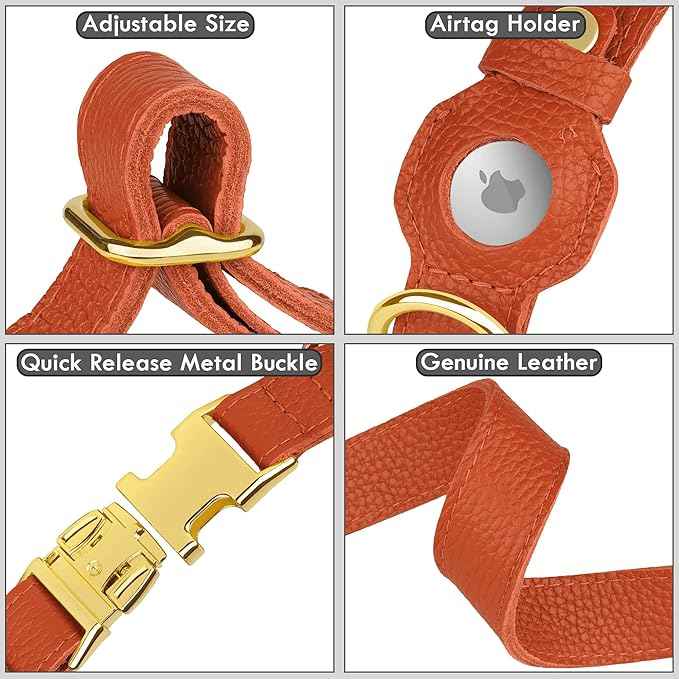 Leather Airtag Dog Collar - Soft Tracking Dog Collar with Apple AirTag Holder and Metal Buckle - Safety GPS Pet Collars for Small Medium Large Dogs Puppy Pink Red (Orange, L, 17"-21" Neck Fit)