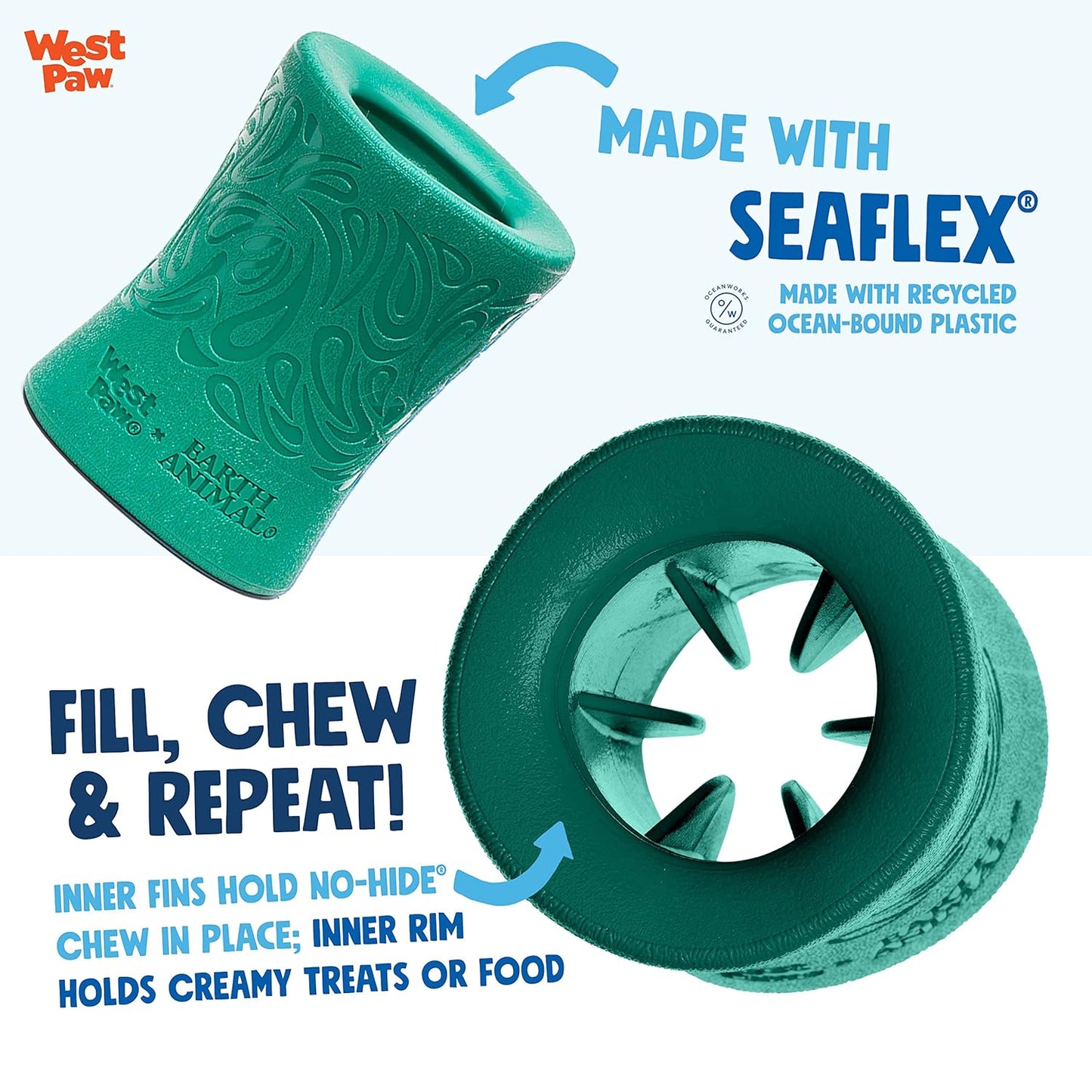 WEST PAW Funnl Dog Chew Toy - Interactive Treat Toys for Dogs - Toy Fillable with Earth Animal No-Hide Chews - Large 4.25" Kelp | Made in USA