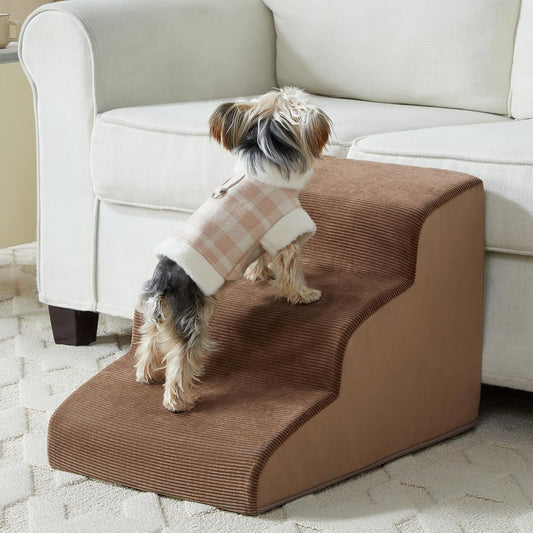 Dog Stairs for Small Dogs, 3-Steps Dog Ramp for Bed and Couch, Pet Stairs with Highly Supportive Foam and Non-Slip Bottom, Pet Steps for Cat & Doggie (High 15.7 Inch) - Pet Explorer