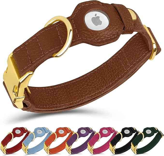 Leather Airtag Dog Collar - Soft Tracking Dog Collar with Apple AirTag Holder and Metal Buckle - Safety GPS Pet Collars for Small Medium Large Dogs Puppy Pink Red (Brown, XS, 9"-12" Neck Fit)
