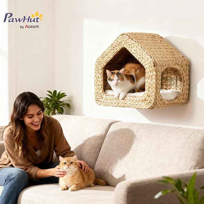 PawHut Wall Mounted Cat House, Cat Wall Condo Furniture with Washable Cushion, Kitty Shelf Bed for Indoor Cats Kittens, Natural
