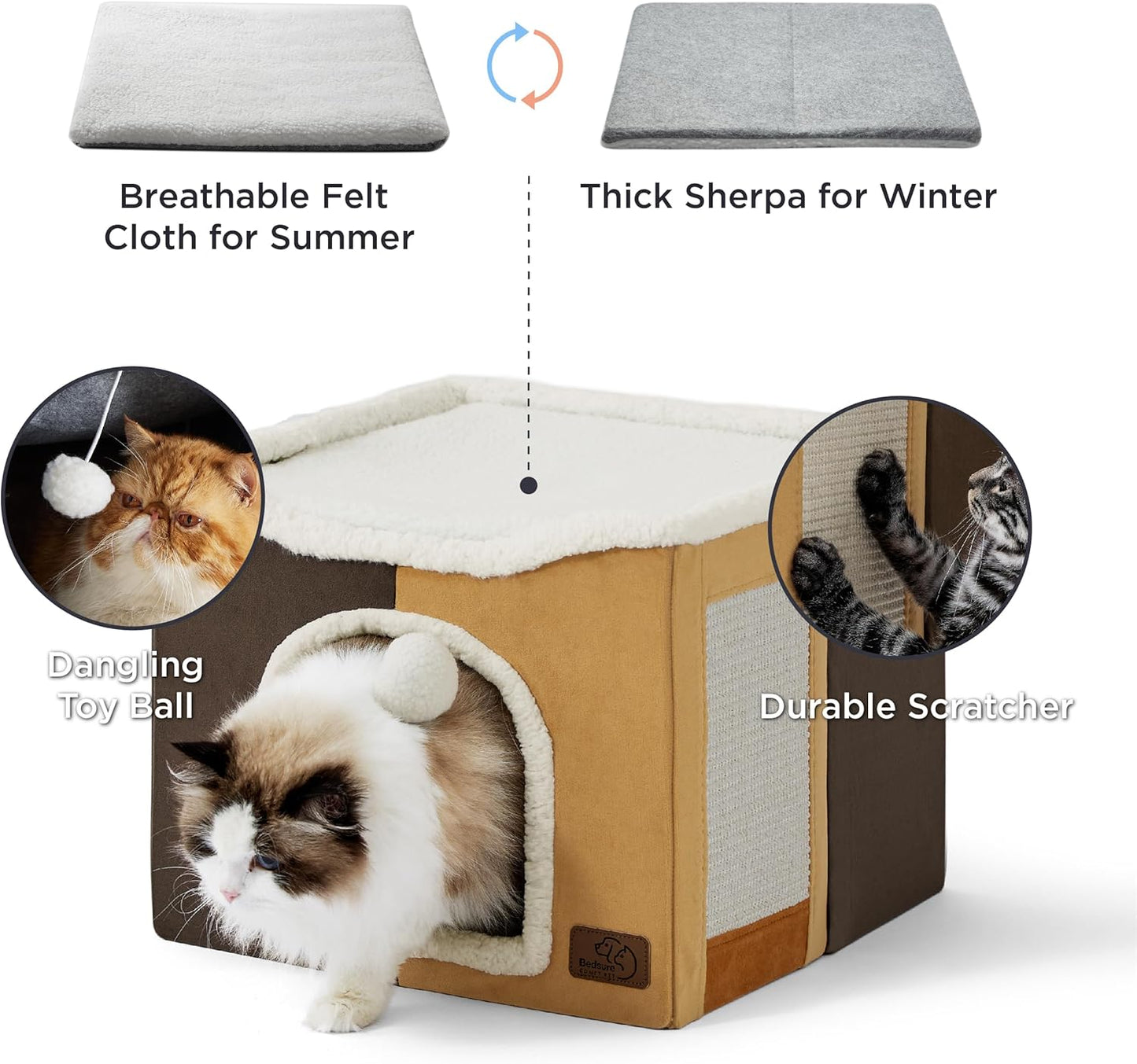 Bedsure Cat Beds for Indoor Cats - Large Cat Cave for Pet Cat House with Fluffy Ball Hanging and Scratch Pad, Foldable Cat Hideaway, 16.5x16.5x13 inches, Burnt Honeycomb - Pet Explorer