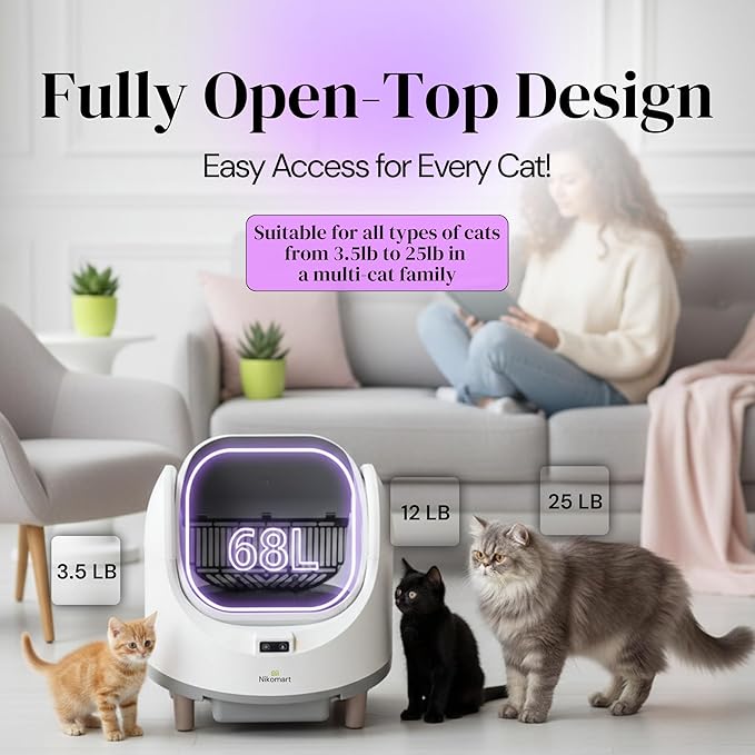 Open-Top Automatic Litter Box, New White Design with App Control & Fragrance Dispenser for a Fresh Home - 68L Self Cleaning Cat Litter Box for Multiple Cats