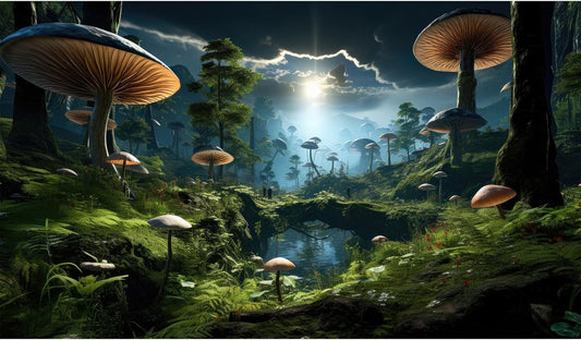 Fantasy Mushrooms Landscape Aquarium Background Tranquil Stream Cloudy Sky Terrarium Background Lush Green Tropical Plants Trees Fish Tank Backdrop Decoration Tank Background Poster 36x20in - Pet Explorer