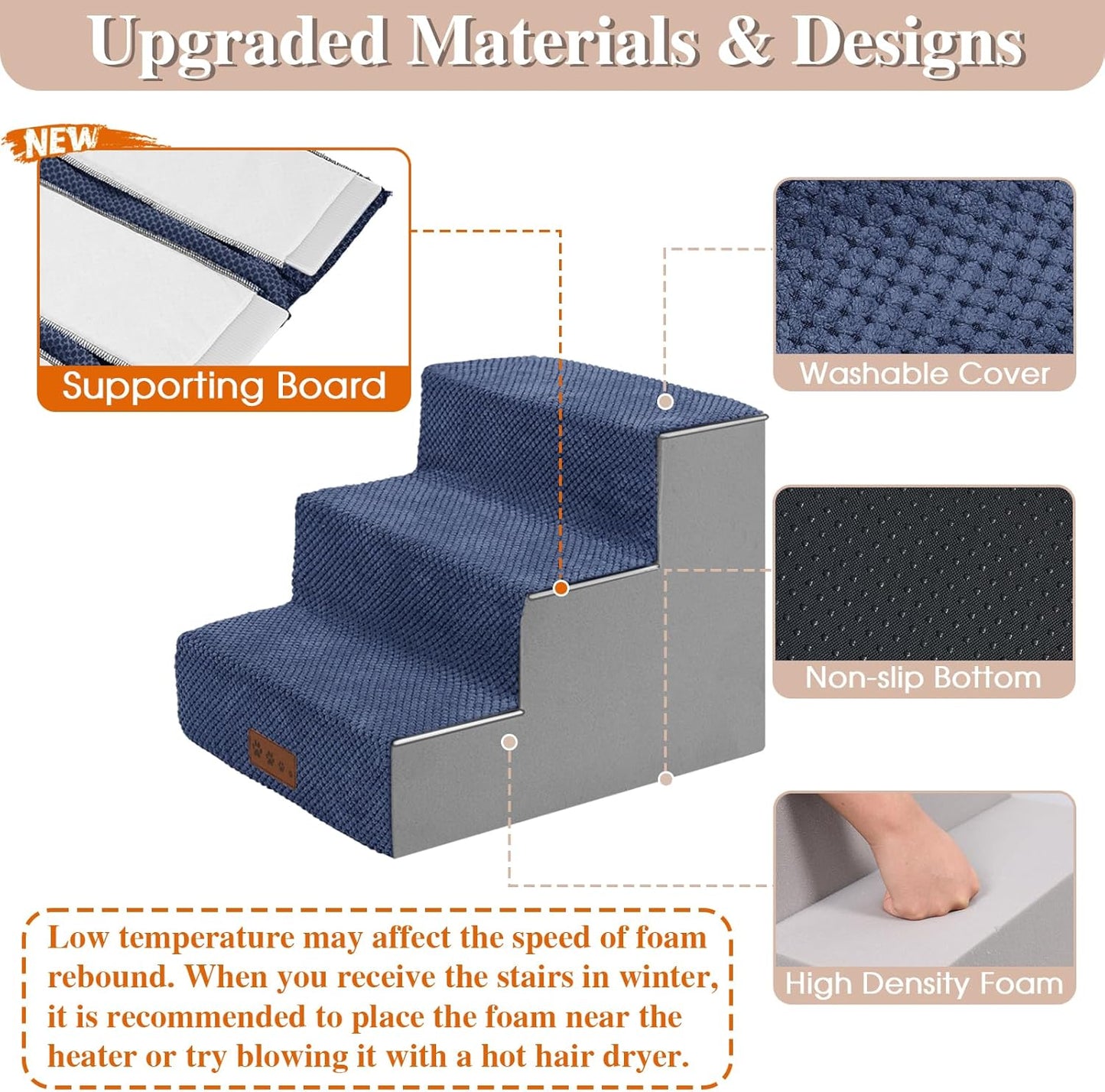 GGIB Dog Stairs for Small Dogs Cats Non-Slip Dog Steps for High Bed Pet Stairs for Sofa Couch Pet Ramp Pet Steps with Removable Washable Cover, 13" H, 3-Step - Pet Explorer