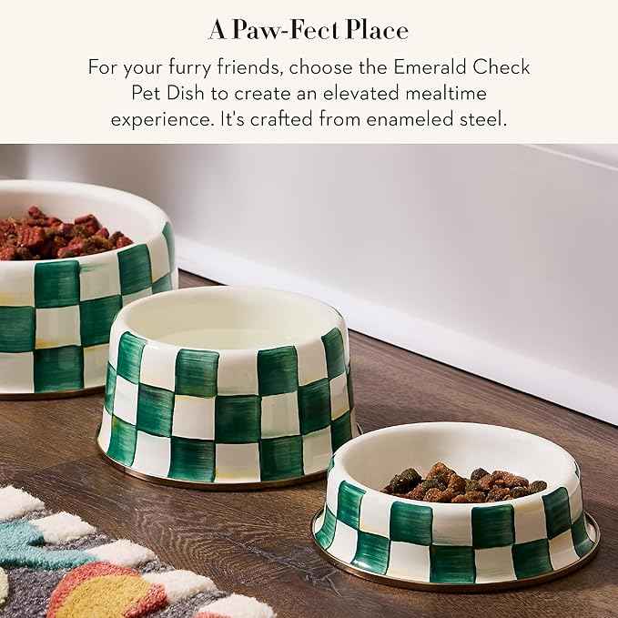 MACKENZIE-CHILDS Enamel Cat Dish, Cute Cat Bowl for Food and Water, Green-and-White Emerald Check