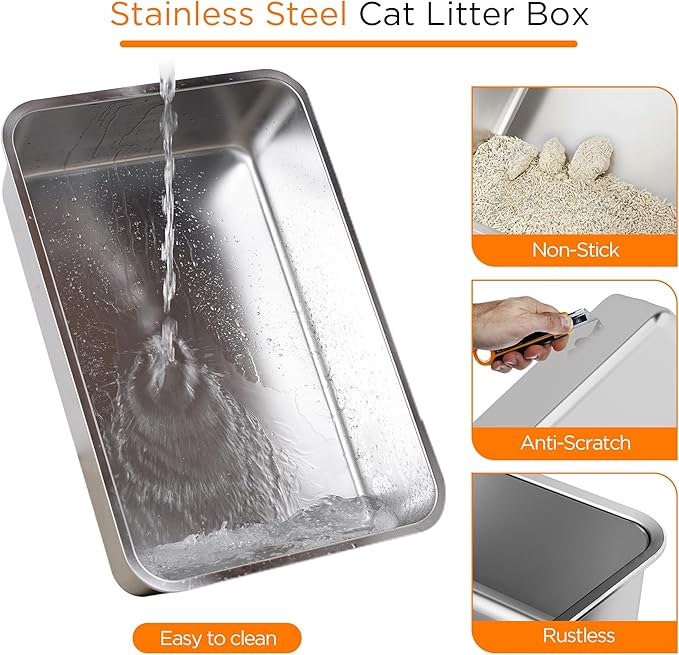 Citylife Stainless Steel Cat Litter Box with Lid, XL Extra Large Enclosed Removable Metal Litter Box with Litter Scoop&Double Layer Litter Mat, Non-Sticky, Non-Odor, Easy Cleaning, for Big Cats, Grey