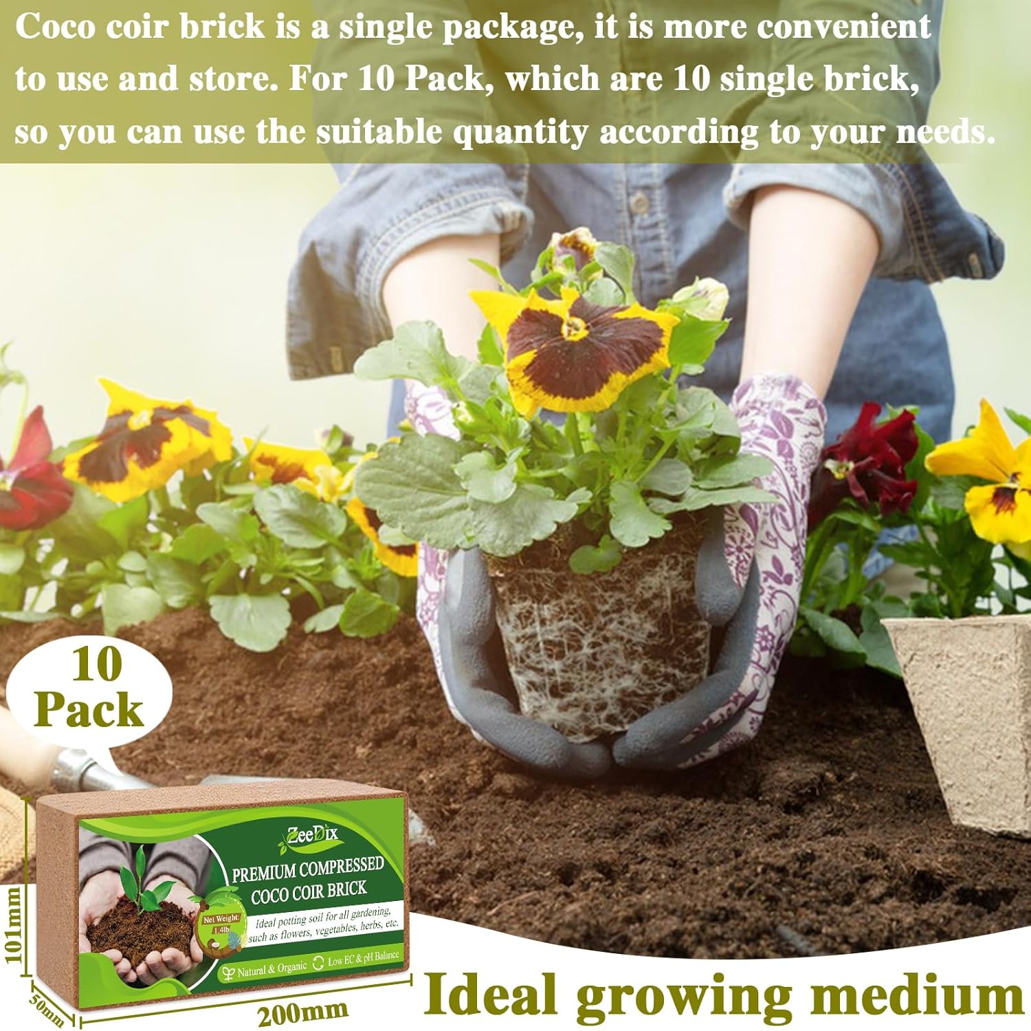 ZeeDix 10 Pack Premium Coco Coir Brick, Organic Compressed Coconut Coir Bricks Seed Starter Potting Soil for Plants, Coconut Fiber Substrate with Low EC & pH Balance for Gardening Flower Herbs - Pet Explorer