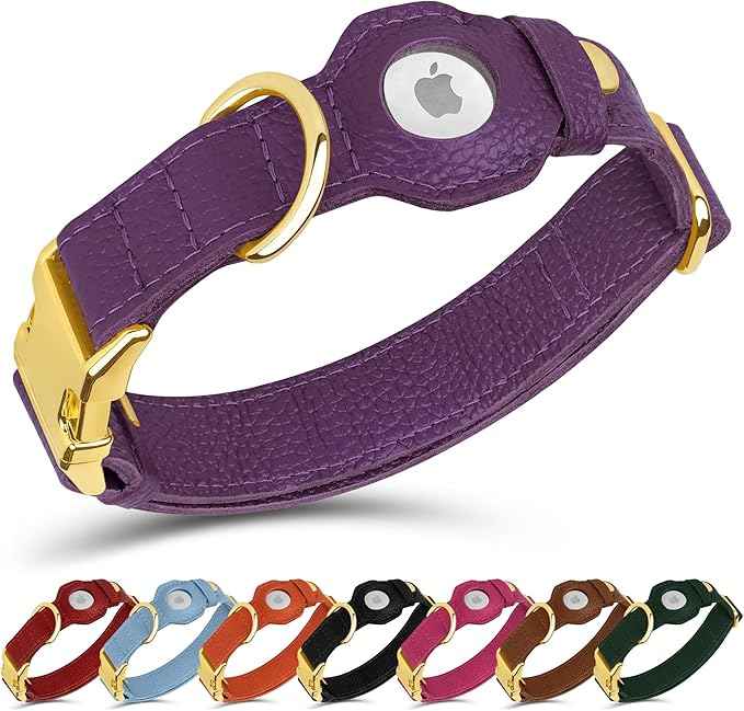 Leather Airtag Dog Collar - Soft Tracking Dog Collar with Apple AirTag Holder and Metal Buckle - Safety GPS Pet Collars for Small Medium Large Dogs Puppy Pink Red (Purple, S, 12"-15" Neck Fit)