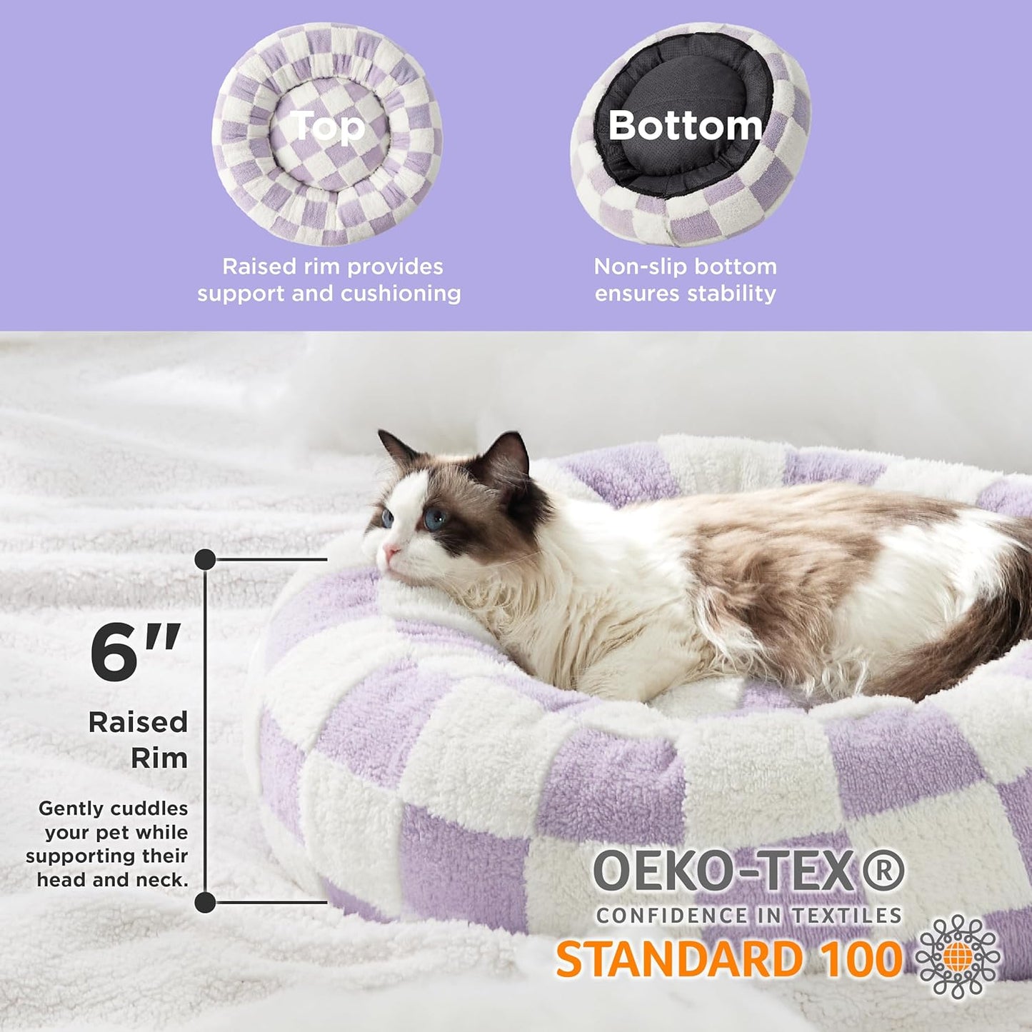 LE SURE Cat Beds for Indoor Cats - Round Cat Bed Donut Small Dog Bed Calming Pet Beds, Cute Modern Beds with Jacquard Shaggy Plush & Anti Slip Bottom, 20 Inch, Purple - Pet Explorer