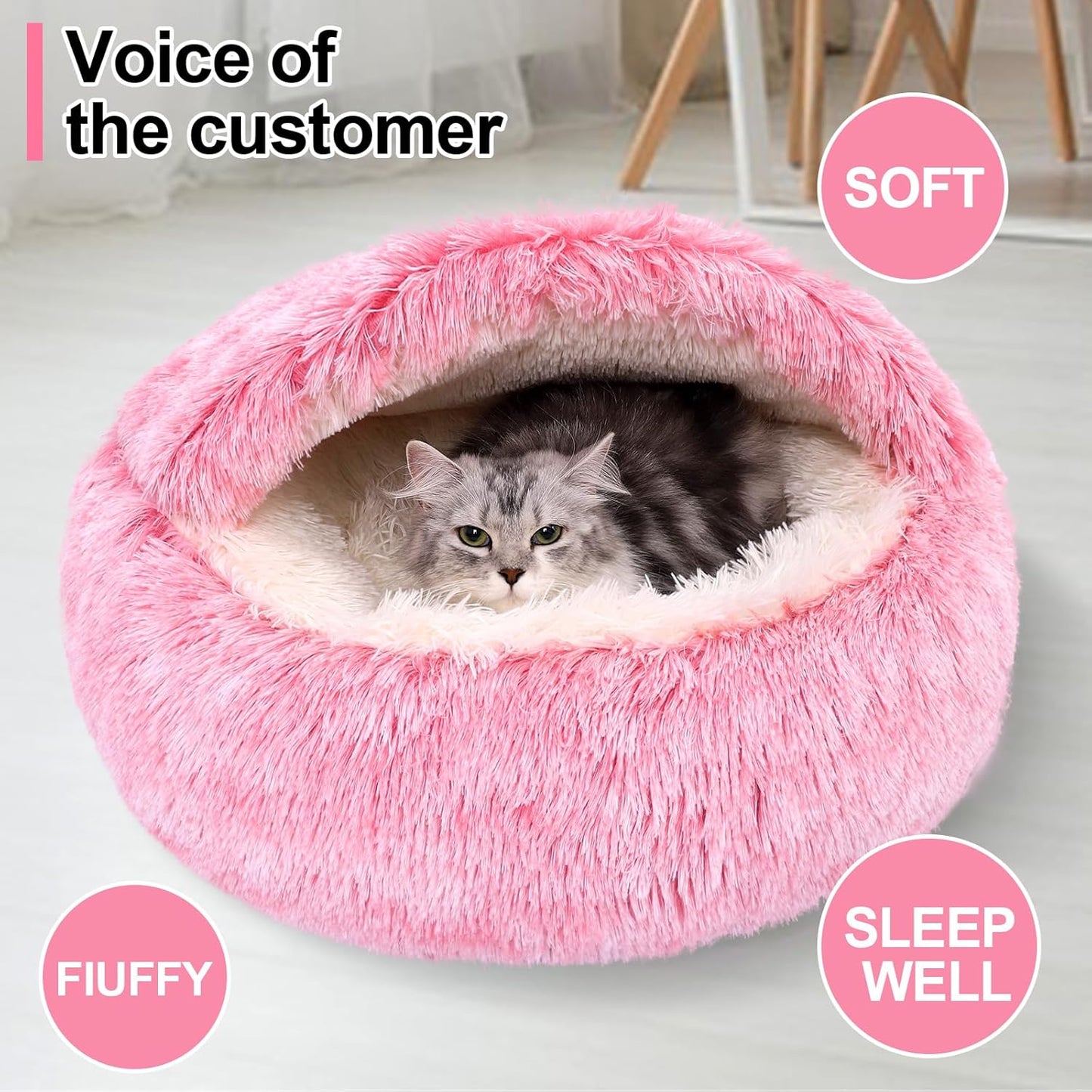 Calming Dog Beds & Cat Cave Bed with Hooded Cover,Removable Washable Round Beds for Small Medium Pets,Anti-Slip Faux Fur Fluffy Coved Bed for Improved Sleep,Fits up to 15/25 lbs(Pink,S) - Pet Explorer