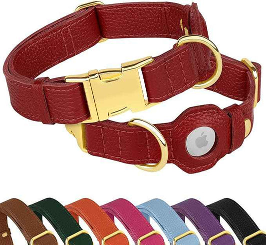 Leather Airtag Dog Collar - Soft Tracking Dog Collar with Apple AirTag Holder and Metal Buckle - Safety GPS Pet Collars for Small Medium Large Dogs Puppy Pink Red (Red, M, 14"-18" Neck Fit)