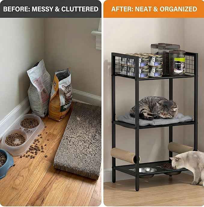 4in1 Cat Furniture Stand with Cat Scratching Post, Cat Food Bowls, Cats Bed Platform, Cats Food Storage Organizer, All in One Pet Furniture for Small Space (Black)