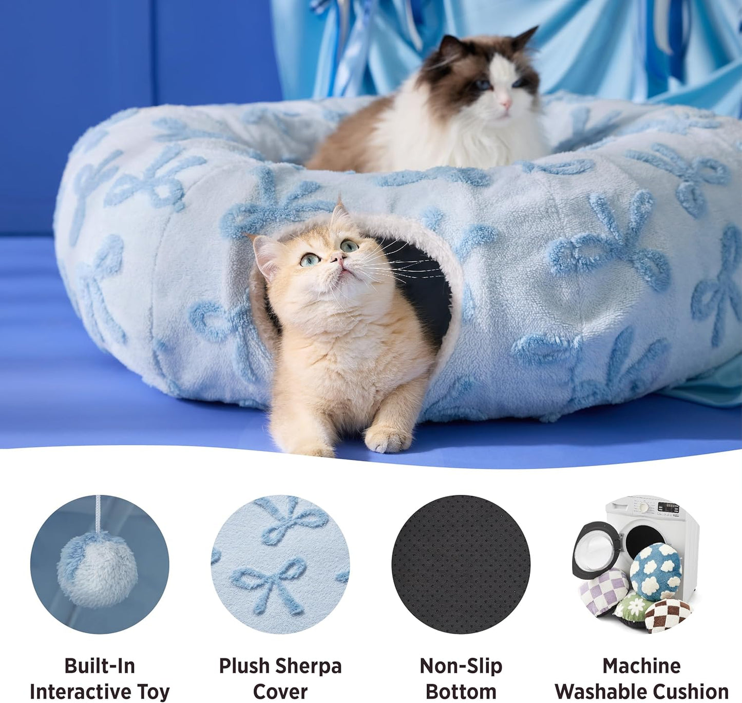 Lesure Cat Tunnel Bed for Indoor Cats - Cute Cat Donut Tunnel Toys with Washable Circle Cushion, Round Pet Peekaboo Cave Toy for Kitten/Puppy/Rabbit, Standard Ice Blue - Pet Explorer