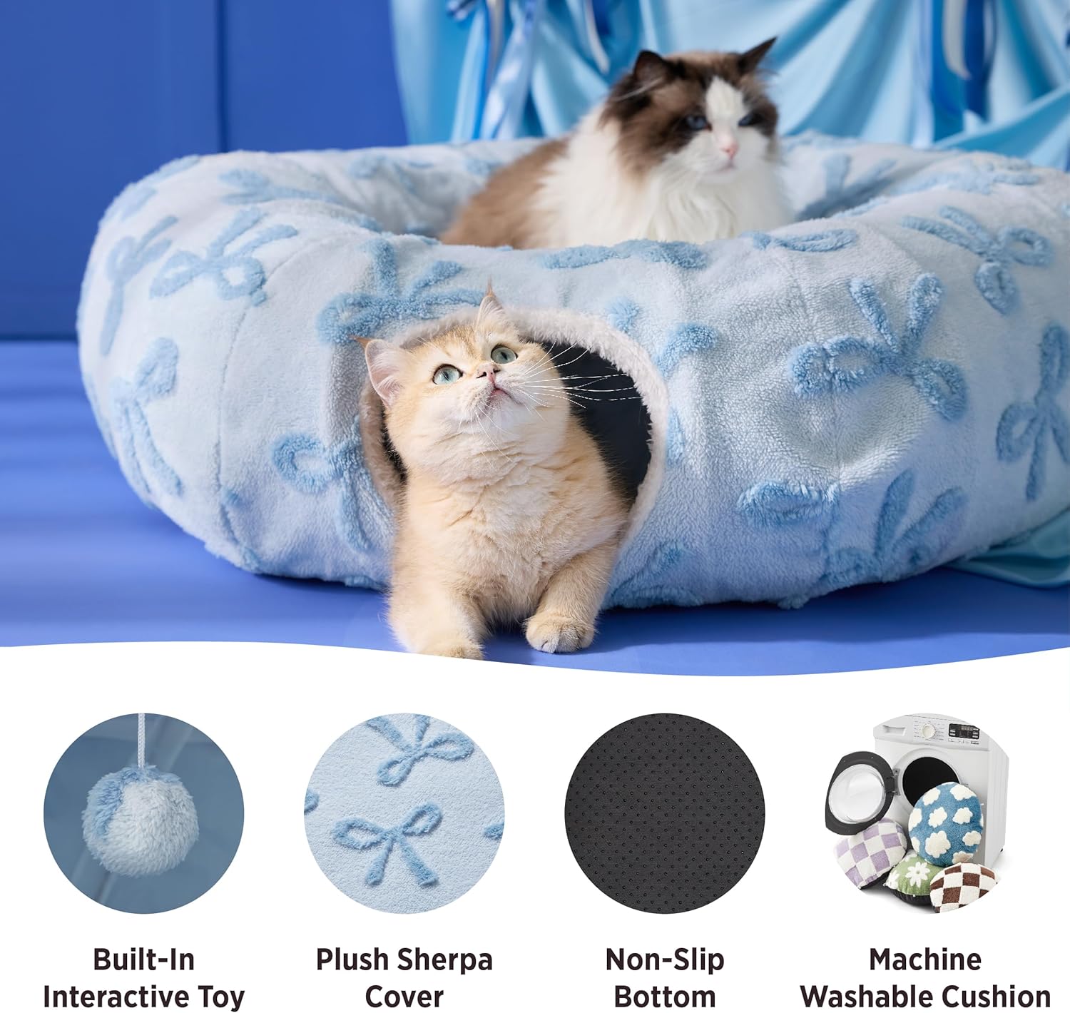 Lesure Cat Tunnel Bed for Indoor Cats - Cute Cat Donut Tunnel Toys with Washable Circle Cushion, Round Pet Peekaboo Cave Toy for Kitten/Puppy/Rabbit, Standard Ice Blue - Pet Explorer