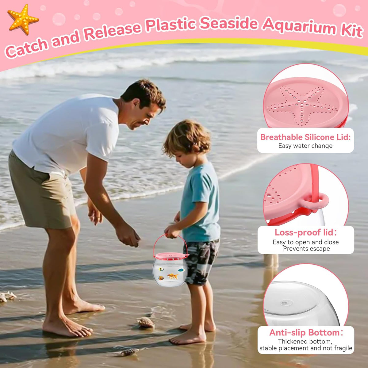 Saillong Catch and Release Plastic Small Bowl Kit, Portable Clear and Transparent Fish Bowl for Ocean Adventure, 0.8 Gallon Outdoor Cartoon Starfish Bucket Kit Ideal for Pool and Lake, Beach - Pet Explorer