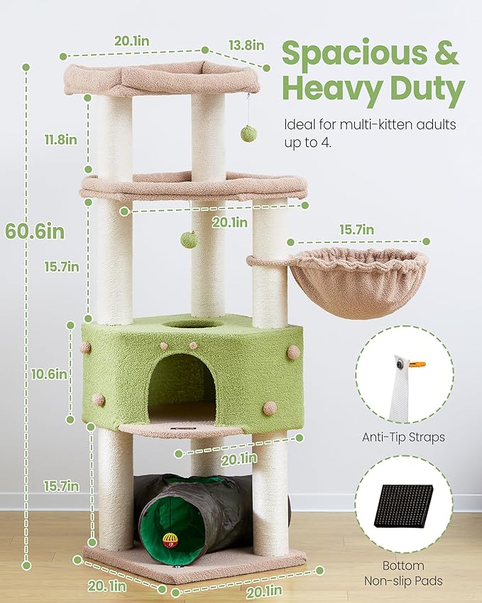 Heavy Duty Cat Tree for Large Cats Adult - 60 Inch XXL Sturdy Cat Tower Condo with Extra Wide Scratching Posts (φ4.4in) Big Cat House Hammock Perch - Indoor Wood Modern Multi Level Corner Cat Bed