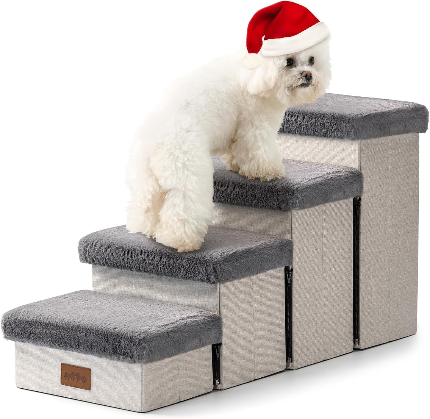 Dog Stair for Small Dogs with Storage, Foldable Pet Step with Soft Cover, Older Cat Ramp for Chair Couch Sofa, Lightweight, Durable, Comfort, 33x13x17.7 inch, 4 Tiers Grey - Pet Explorer
