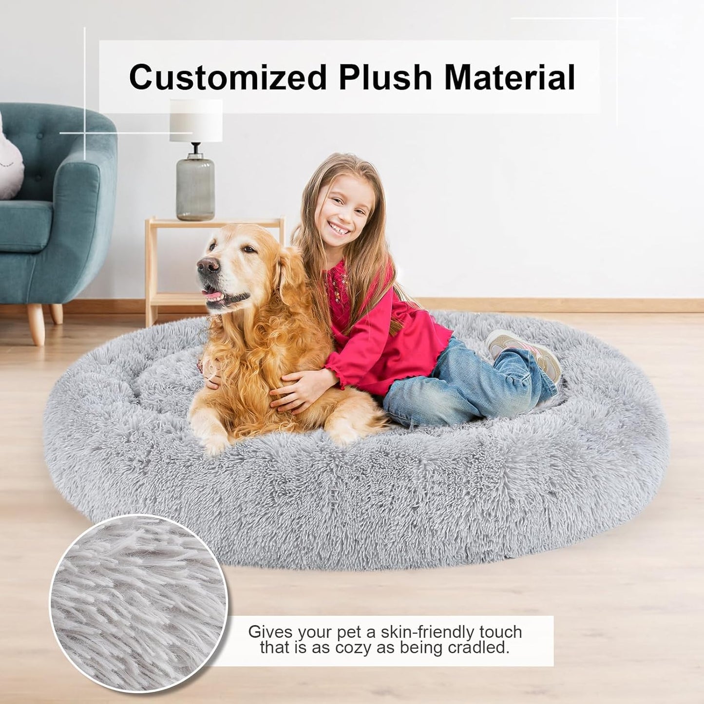 Dog Bed, Cat Calming Bed, Faux Fur Pillow Pet Donut Cuddler Round Plush Bed for Large Medium Small Dogs and Cats (Light Grey, 49.0" L x 38.0" W x 7.0" Th) - Pet Explorer