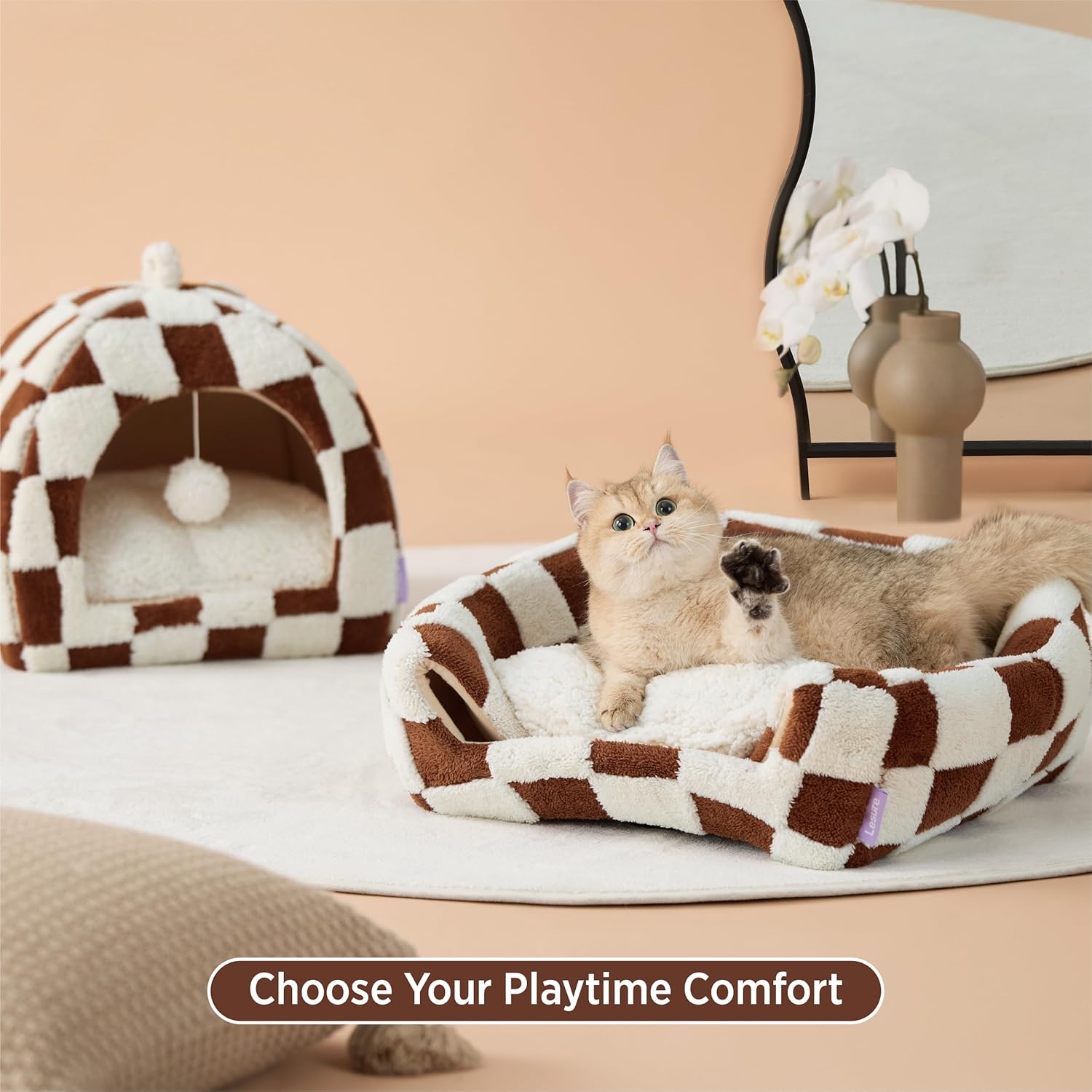 Lesure Cute Cat Beds for Indoor Cats - 2 in 1 Cat Cave Bed for Kittens and Small Pets, House with Removable Washable Cushioned Pillow, Cozy Tent House with Non-Slip Bottom, Brown, 16 inches - Pet Explorer