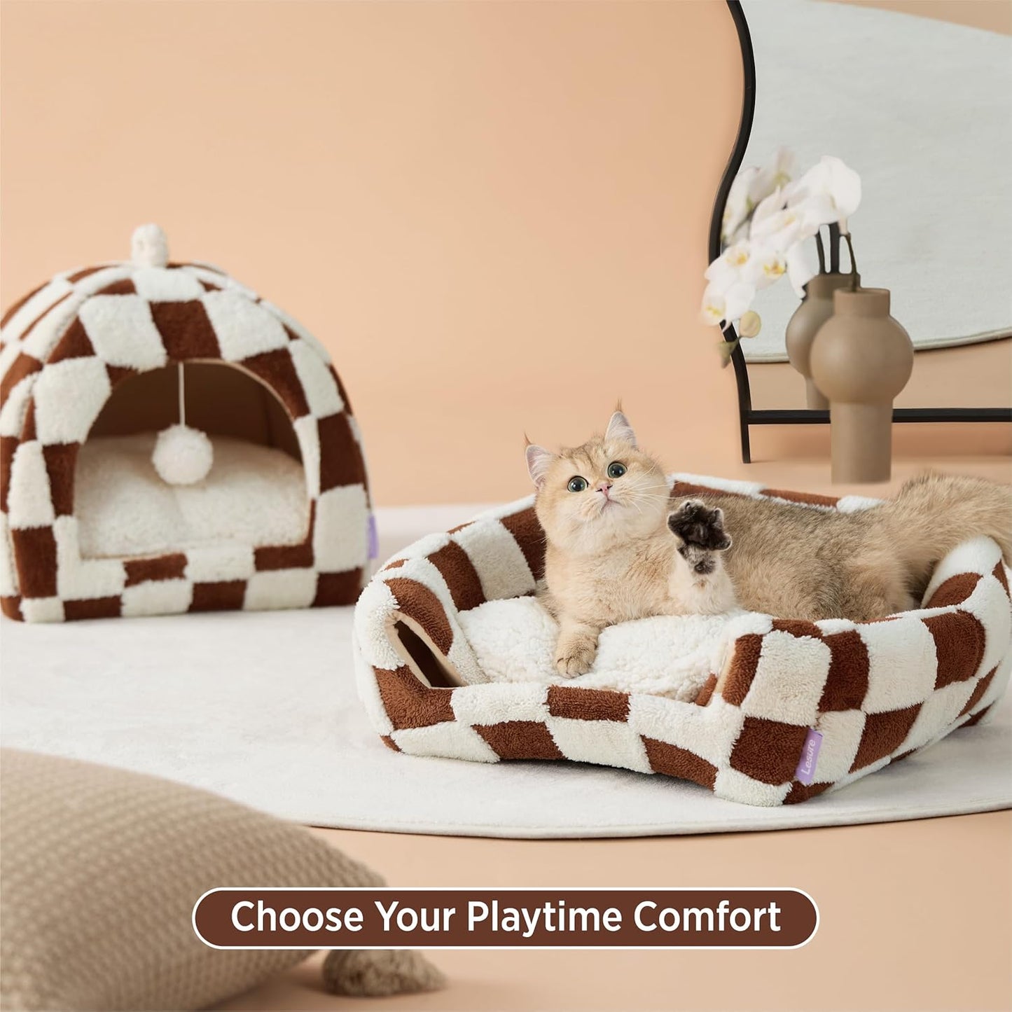 Lesure Cute Cat Beds for Indoor Cats - 2 in 1 Cat Cave Bed for Large Cats, House with Removable Washable Cushioned Pillow, Cozy Tent House with Non-Slip Bottom, Brown, 17.3 inches - Pet Explorer