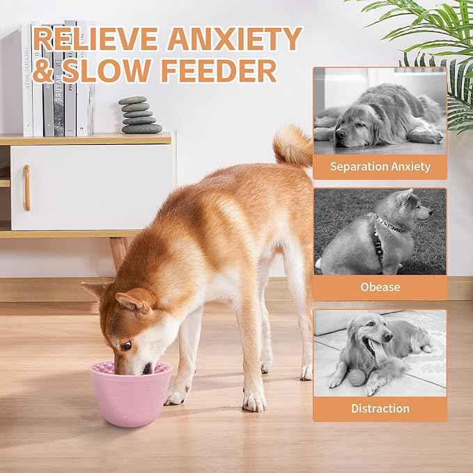 Dog Lick Bowl with Brush and Scraper, Anxiety Relief Silicone Slow Feeder Treat Dispenser, Anti-chocking Pet Dish, Non-Slip Interactive Entertainment Dog Puzzle Toy for Medium & Large-Pink
