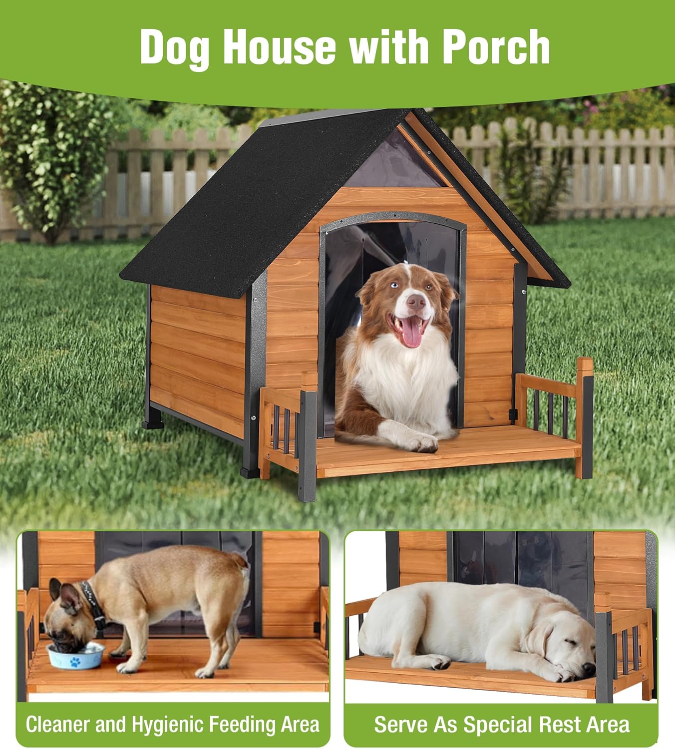 Large Dog House Outdoor Weatherproof with Porch, All-Metal Frame Chew-Proof Dog Kennel with Asphalt Roof, for Small Medium Large Dogs - Pet Explorer