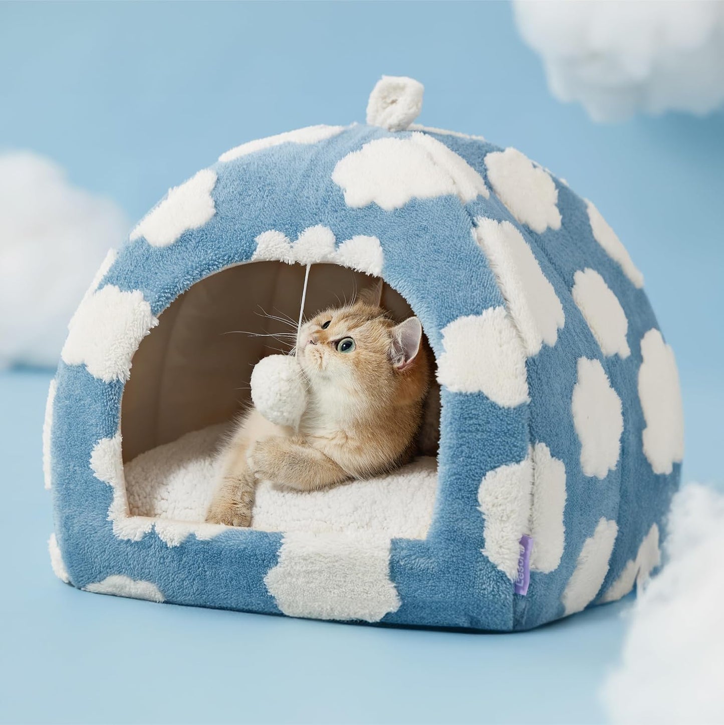 Lesure Cute Cat Beds for Indoor Cats - 2 in 1 Cat Cave Bed for Kittens and Small Pets with Removable Washable Cushioned Pillow, Cozy Kitten Tent with Non-Slip Bottom, Blue, 16 inches - Pet Explorer