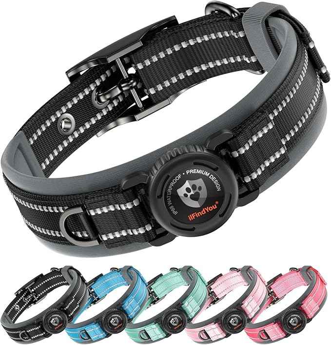 Upgraded AirTag Dog Collar with Holder, Waterproof Reflective Air Tag Dog Collar with Widened Comfortable Padding & Ultra-Durable Metal Buckle, Adjustable for Extra Large Dogs (XL, Black)