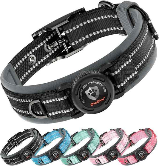 Upgraded AirTag Dog Collar with Holder, Waterproof Reflective Air Tag Dog Collar with Widened Comfortable Padding & Ultra-Durable Metal Buckle, Adjustable for Large Dogs (L, Black)
