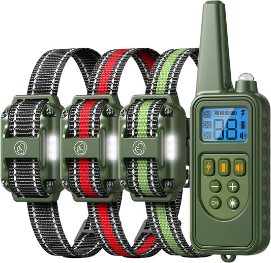 Dog Training Collar with Remote, 2600FT Range, 4 Training Modes Beep, Shake, Safe Shock, LED Light, Rechargeable IPX7 Waterproof for All Breeds Sizes, with Three Receiver Collars for 3 Dogs - Pet Explorer