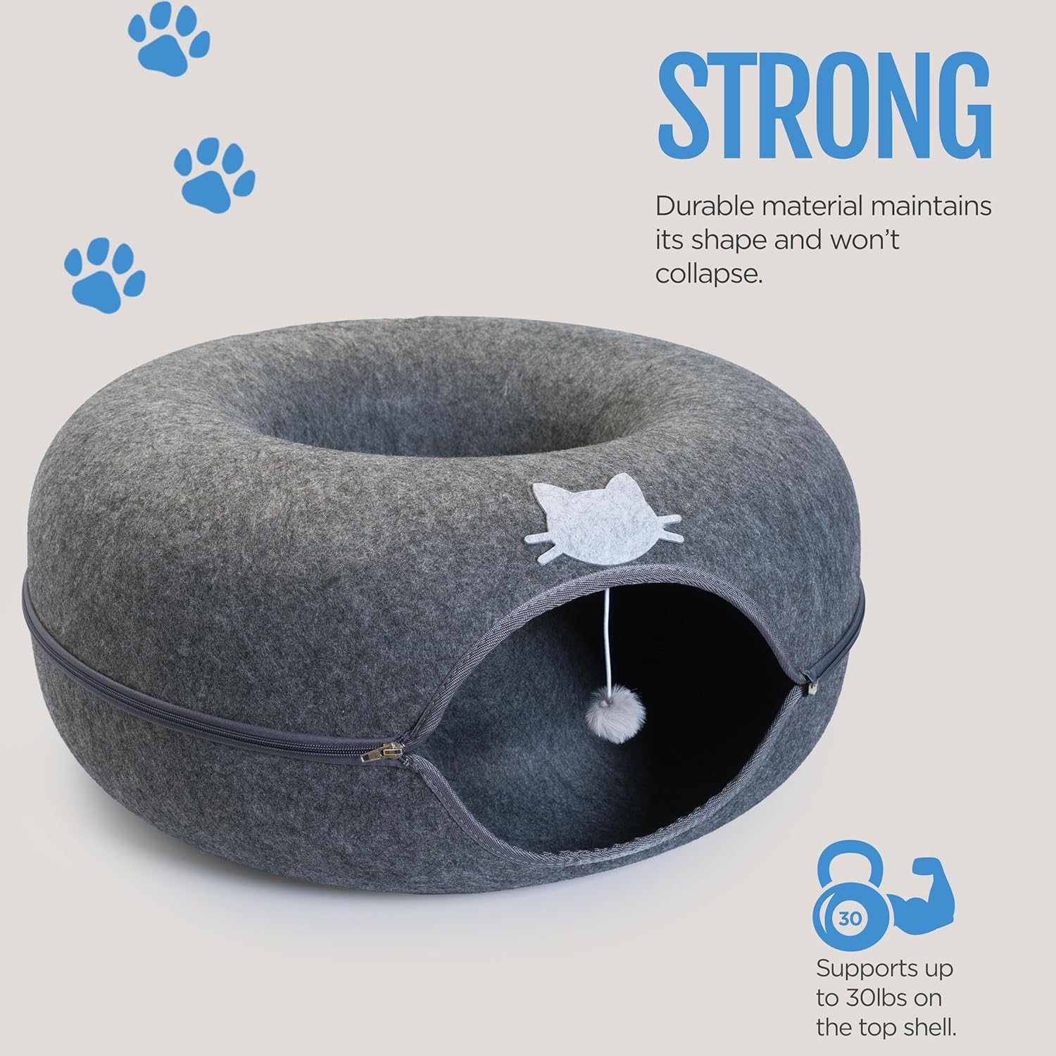 Meow Mansion Large Cat Cave Donut - Cat Tunnel; up to 30lbs - 3 Toy Balls & Hanging Ball Included - Scratch Resistant, Detachable and Cleanable Cat Donut Bed - Pet Explorer