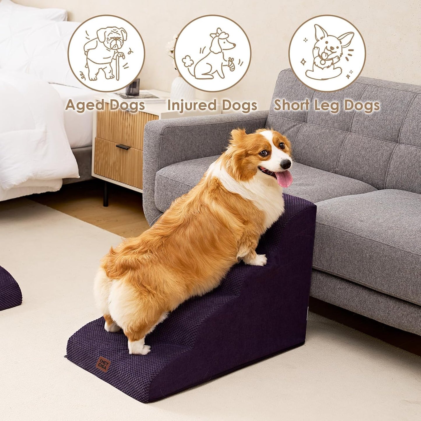 EHEYCIGA Curved Dog Stairs Ramp for High Beds 19.7" H, 4-Step Dog Steps for Small Dogs and Cats, Pet Stairs for High Bed Climbing, Non-Slip Balanced Pet Step Indoor, Purple - Pet Explorer