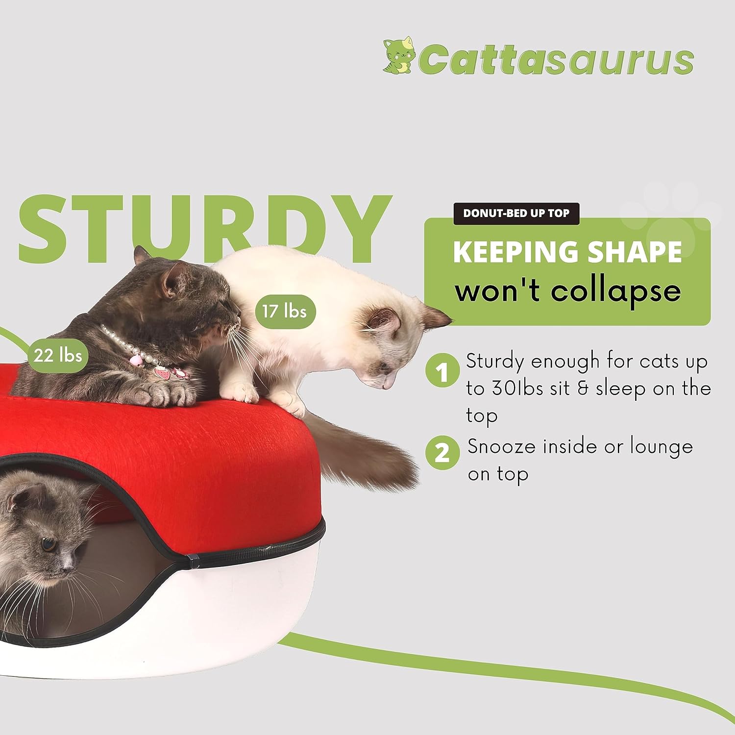 CATTASAURUS Peekaboo Cat Cave for Multiple & Large Cats Up to 30-45 Lbs, Scratch Detachable & Washable Tunnel Bed, Comfy Donut Cat Cave (Ruby Snowball, Large) - Pet Explorer