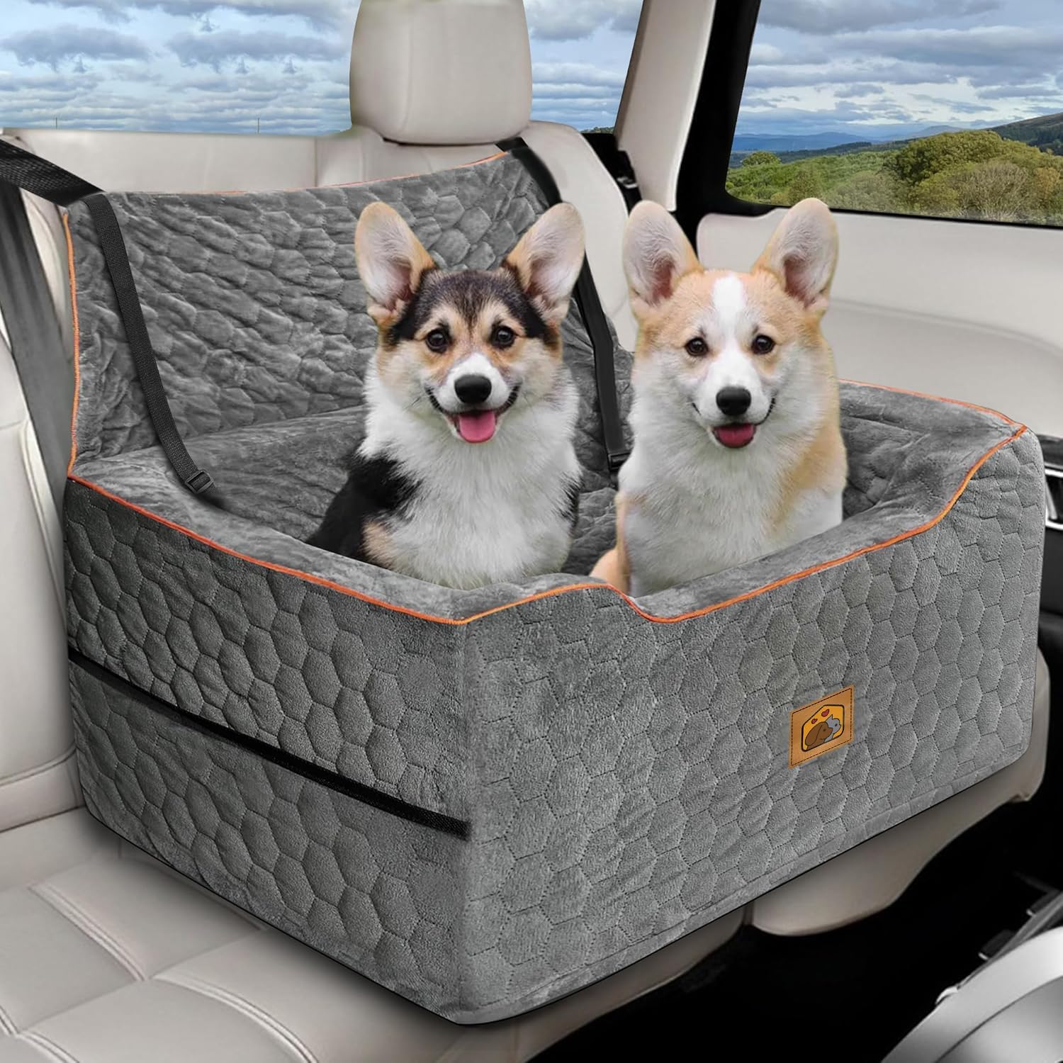Dog Car Seat for Medium/Large Dog Booster Seat Under 60 lbs or 2 Small Dogs, Multi-Functional Pet Car Seat with Thick Cushion, 2 Safety Leashes (Gray) - Pet Explorer