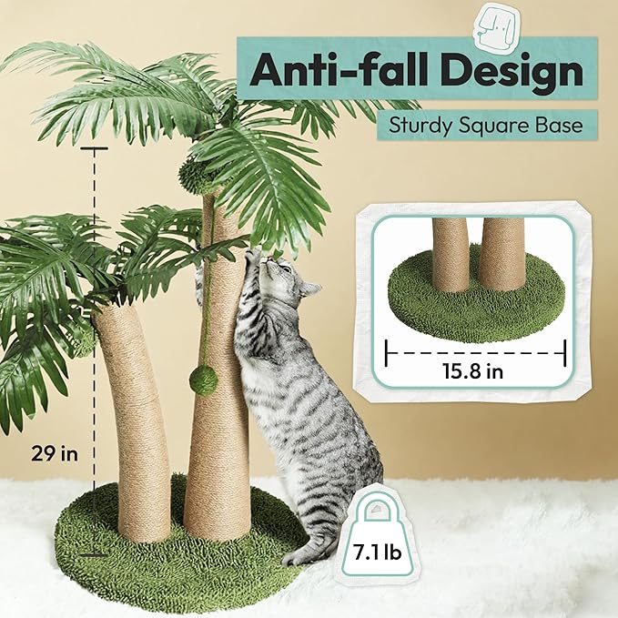 Cat Scratching Post 33 Inch Double Post Support with Hanging Balls, Cat Scratcher for Indoor Kittens, Extra Stable Base, Paw-Friendly Jute Material M