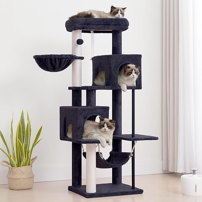 51.2'' Cat Tree Tower, Cat Tower with Scratching Post, Sturdy Steel Pube Cat Tree for Inoor Cats Large Adult, Cat Hammock and Basket, Padding Top Platform, Drak Gray GCT014G