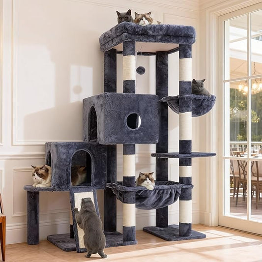 Hey-brother Cat Tree Tower, Scratching Posts with Big Platform, 2 Condos, Spacious Hammock, Cozy Basket, Sisal Board for Indoor Large Adults, 50 Inches Progressive Climbing House, Smoky Gray MPJ071G