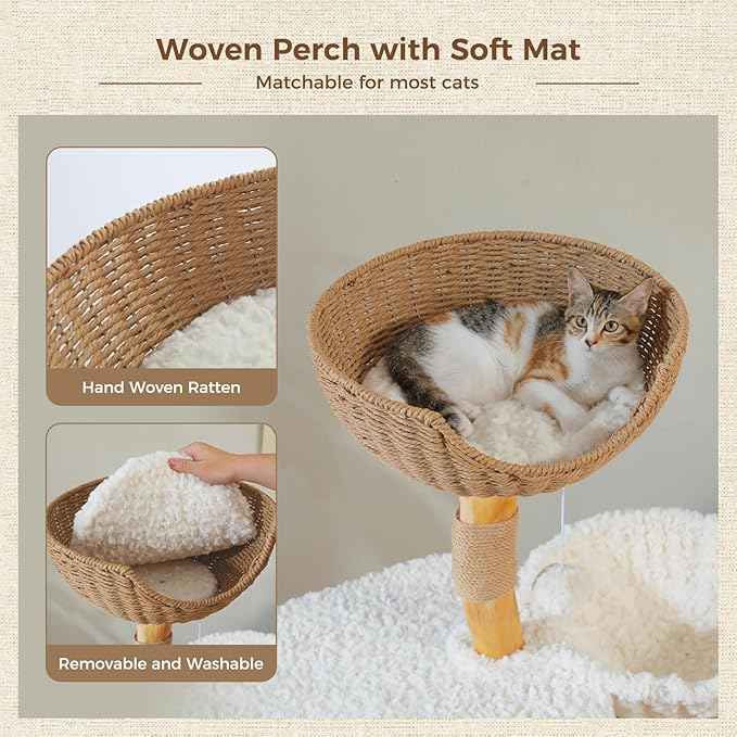 PEQULTI 48.5'' Modern Cat Tree for Large Indoor Cats Solid Wood Cat Tower with Luxury Cat Condo, Cozy Hammock, Scratching Post, Rattan Perch and Flower Cat Bed, White